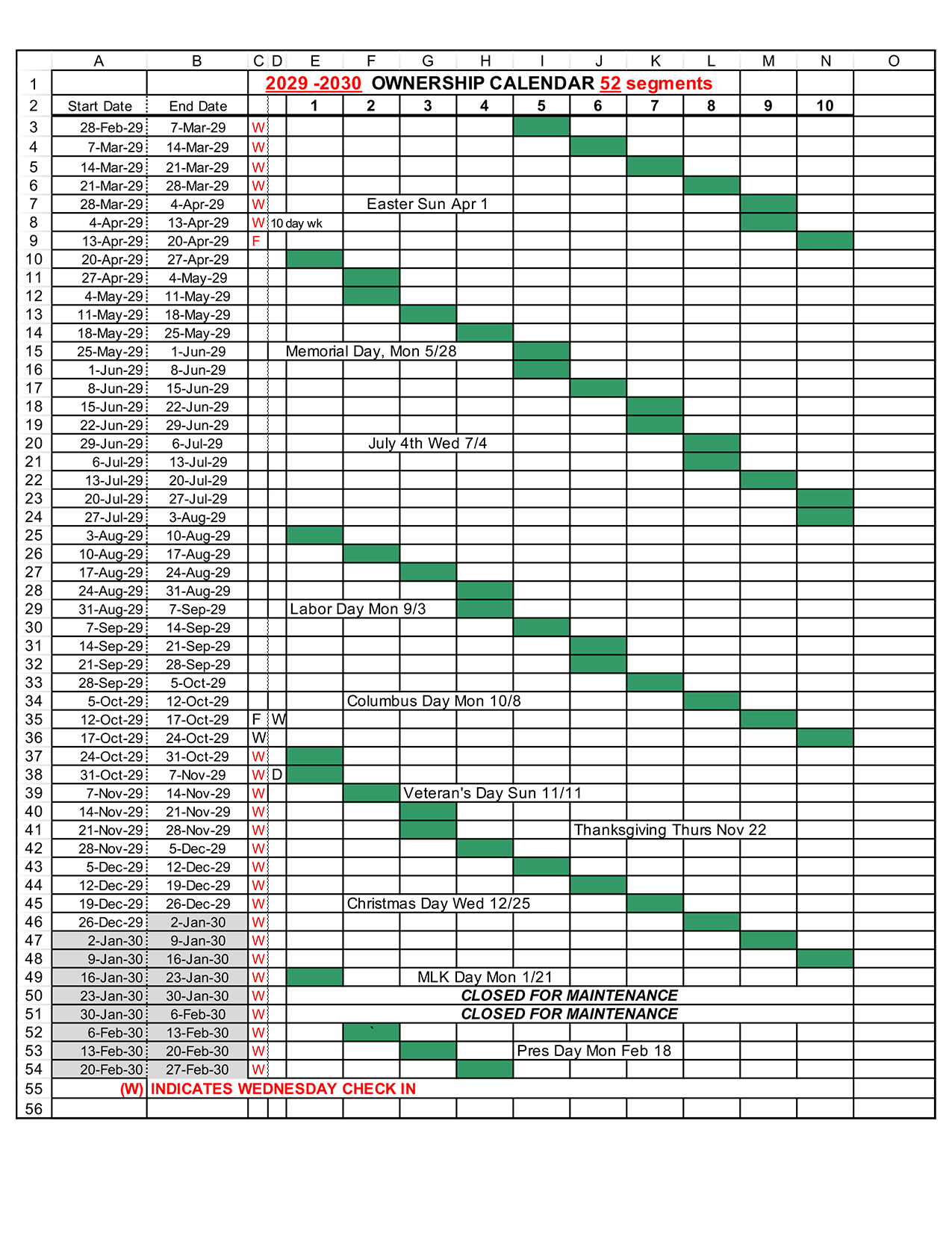 2029-2030 PROPOSED ownership calendar